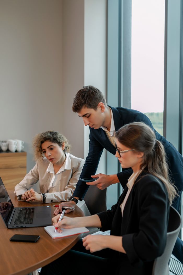 Group of young professionals working together in a modern office setting, focused on business growth.